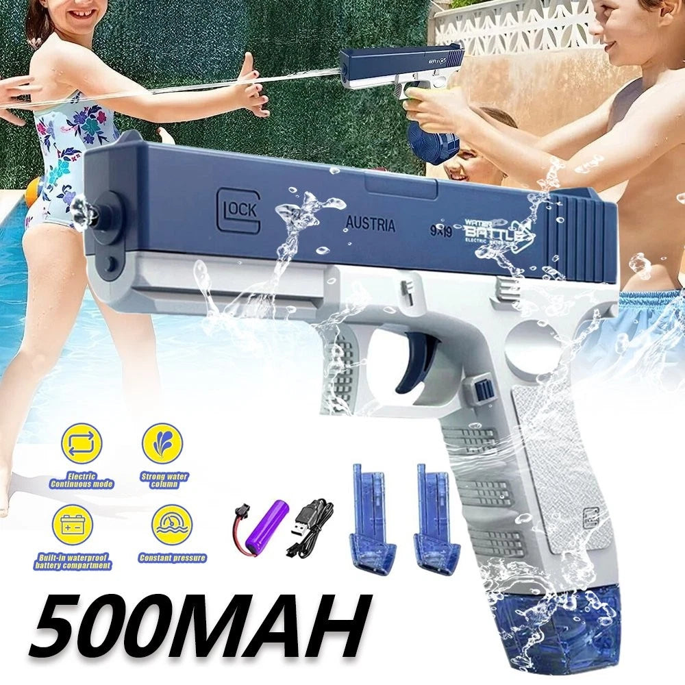 Children playing outdoors with a rechargeable automatic water blaster