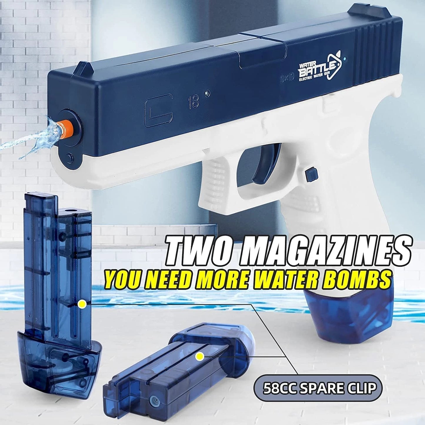 Blue and white automatic water blaster with two 58cc water magazines