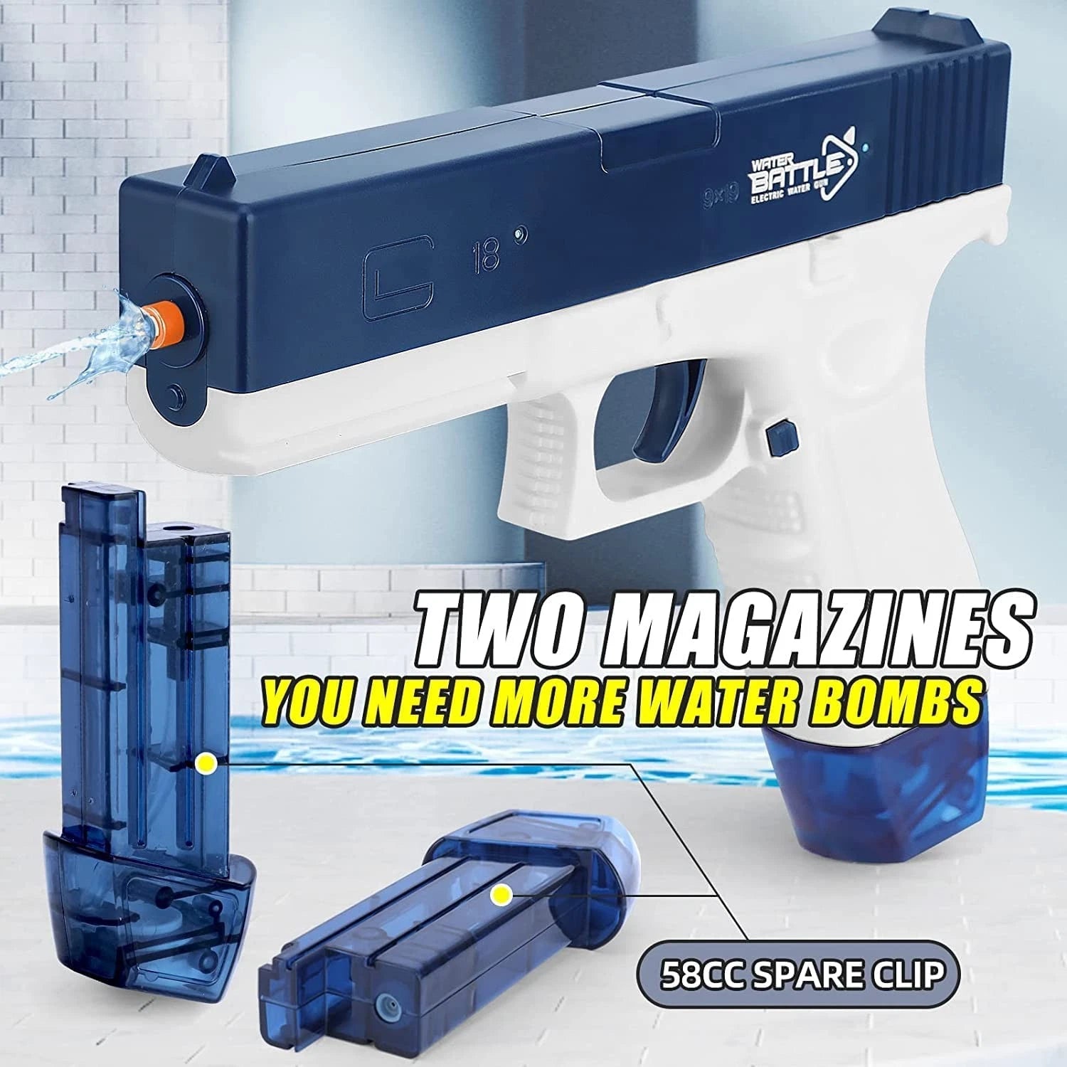 Blue and white automatic water blaster with two 58cc water magazines