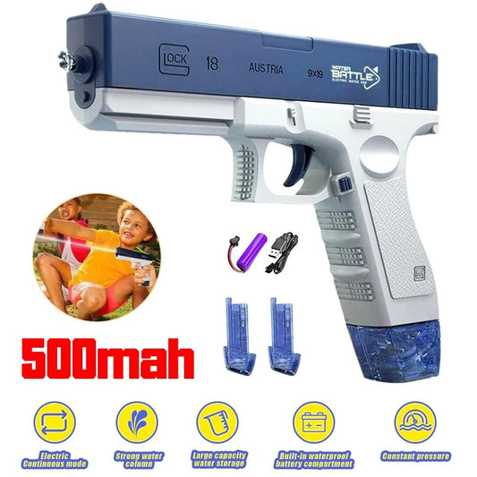 Rechargeable blue and white electric water gun kit with 500mAh battery and two magazines