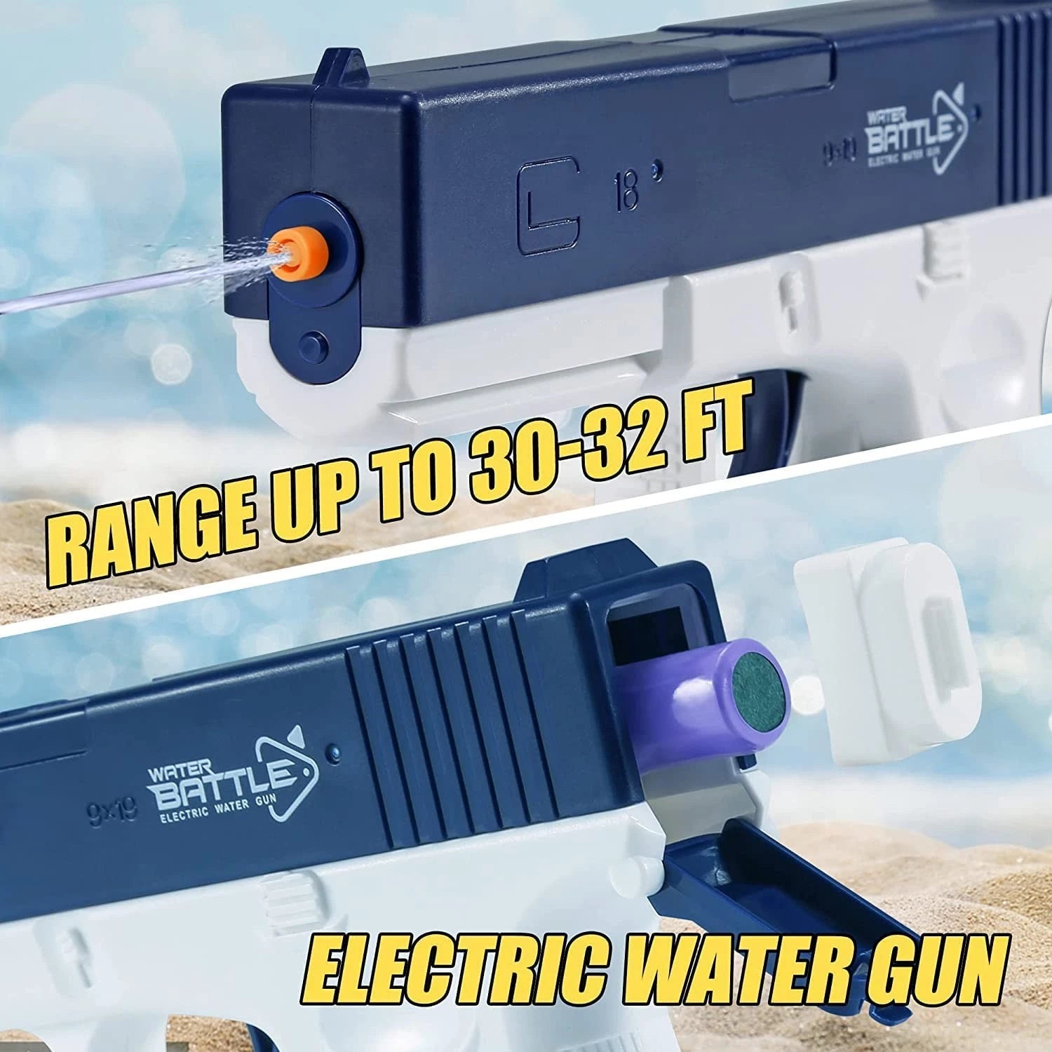 Electric water blaster firing a water stream with a range up to 30 to 32 feet