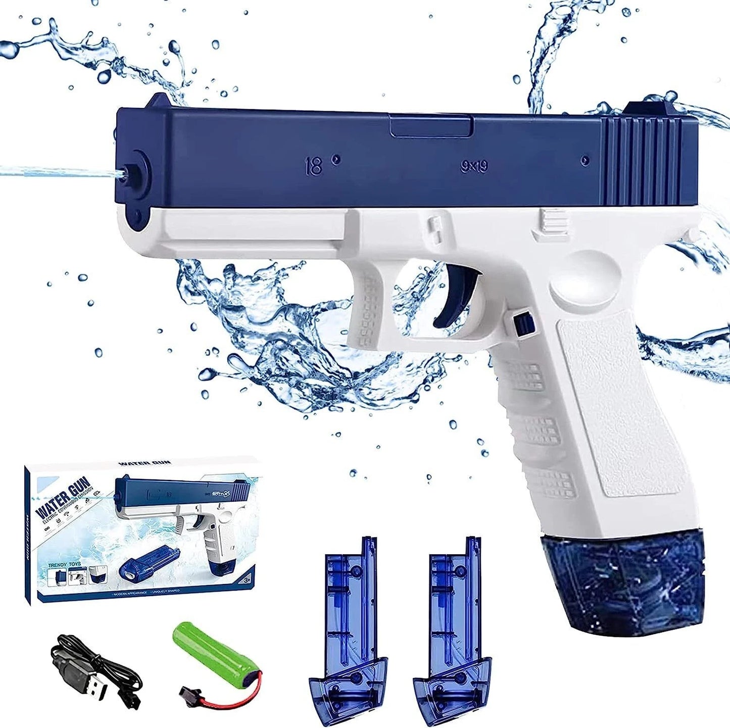 Blue and white automatic electric water blaster with battery, USB cable and two water magazines