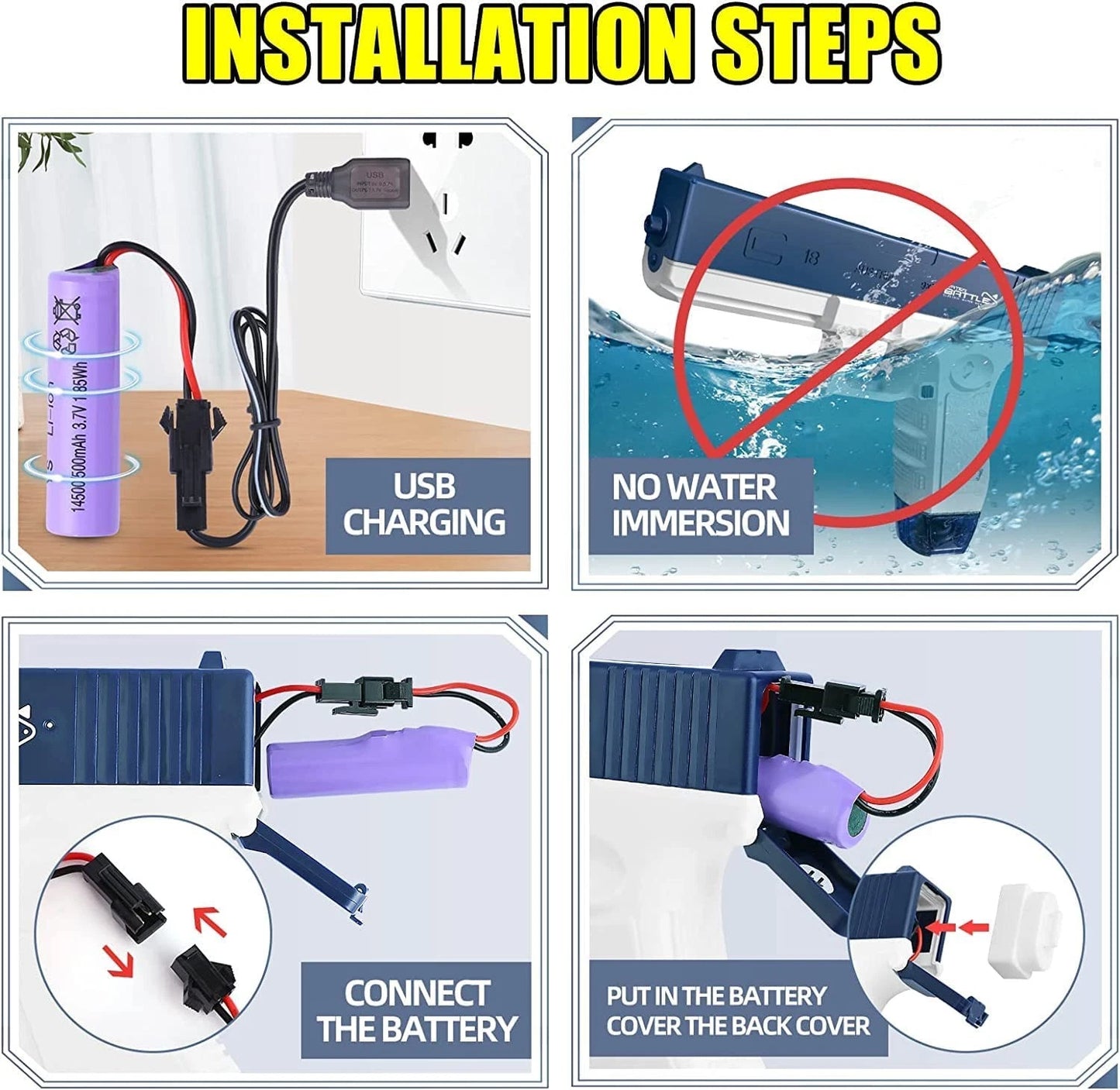 USB rechargeable battery charging and installation steps for an electric water gun
